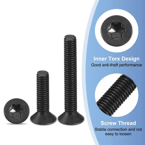 M2-0.4 x 4mm Flat Torx Head Machine Screws, black oxide, 10.9 grade carbon steel, showcasing inner Torx design and thread details, 50Pcs set
