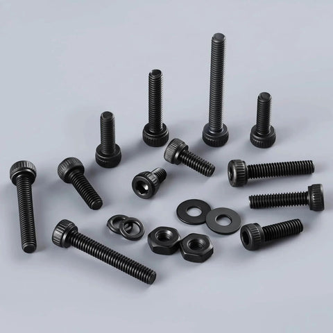 Assorted 1001Pcs M2.5 screws kit with hex socket head cap screws, nuts, and washers 4 to 20mm, 12.9 grade black oxide steel, front view.