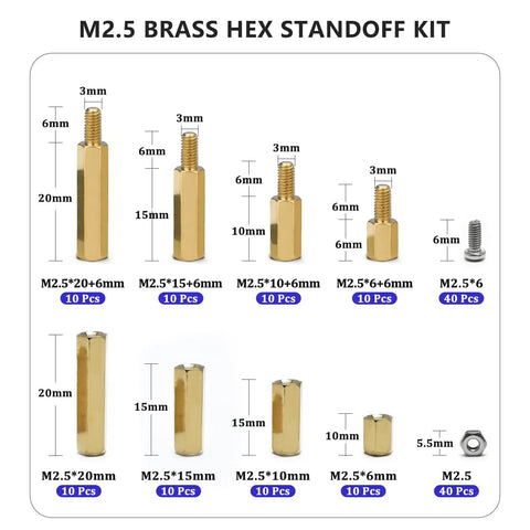 M2.5 Hex Standoff Nuts Screws Kit 160 Piece Assortment For PCB And Motherboard Brass M2.5 X6 10 15 20 Standoffs