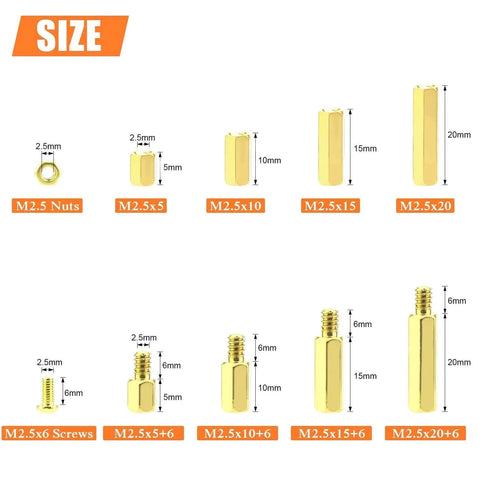 Diagram showing sizes in 242 Pieces M2.5 Brass Spacers And Standoffs Assortment Kit With Male And Female Hex Spacers Screws And Nuts