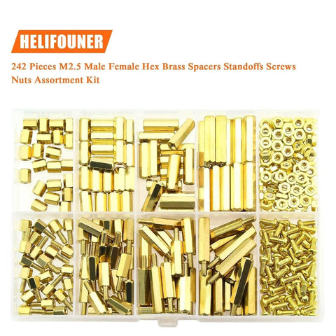 242 Pieces M2.5 Brass Spacers And Standoffs Assortment Kit with hex spacers, screws, and nuts in organizer box