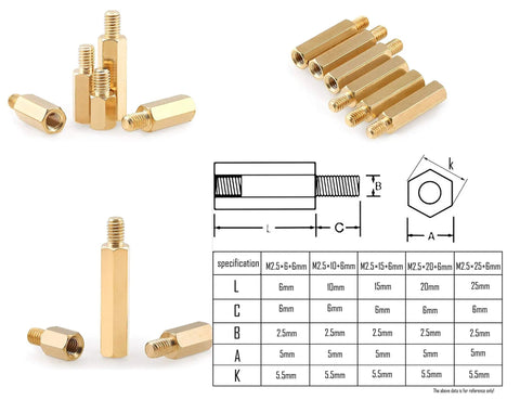 290 Piece M2.5 Hex Brass Spacer Standoff Kit With Screws And Nuts For Motherboard And Electronics Copper Yellow And Stainless Steel Assortment 12 Sizes Including 6 10 15 20 25mm Plus 6mm Extension shown with size chart and components view.