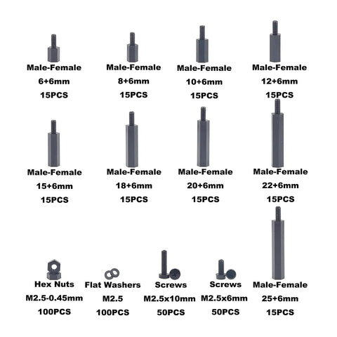 M2.5 Nylon Hex Standoffs Spacers Kit With Screws Nuts And Washers, 435 Pieces shown with male-female standoffs and hardware