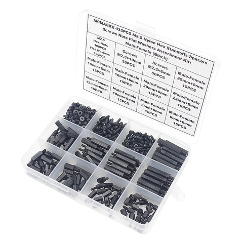 M2.5 Nylon Hex Standoffs Spacers Kit With Screws Nuts And Washers, 435 Pieces, Black, Male Female, Metric M2.5 Fastener Assortment