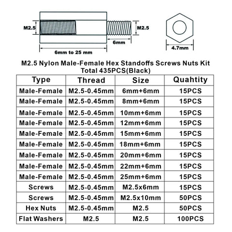 Diagram and table of M2.5 Nylon Hex Standoffs Spacers Kit With Screws Nuts And Washers, 435 Pieces, Black, Male Female