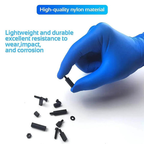 350 Piece M2.5 Black Nylon Hex Spacer Standoff Kit With Male And Female Nuts And Screws for electronics, shown with gloved hand