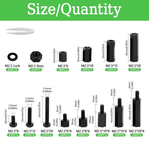 365 Pieces M2.5 Black Nylon Hex Spacer Standoff Set With Male And Female Spacers Nuts And Screws Size Chart