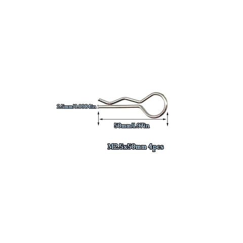 Close-up of M2.5x50mm R clip, part of 10pcs Cotter Pins, R Clips Hardware Pins, Spring Fasteners Hitch Pin set, for trailers and trucks.