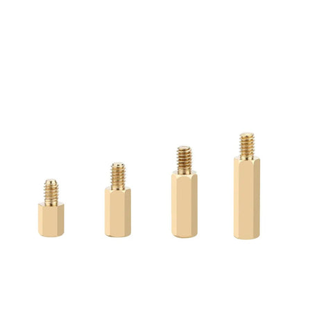 Four different sizes of hex column spacers from the 300Pcs M2 Brass Standoff Kit With Hex Column Spacers And Screws Motherboard Standoffs Nut Assortment In Box For PC Builds Laptop Repairs And DIY Electronics.