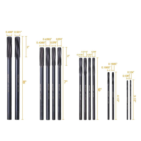 M2 HSS Chucking Reamer Set 14 PC With Spiral Flute For Precise Hole Enlargement And Finishing From 0.1240 To 0.5010 Inches Durable Nitrided Surface For Wood Metal Plastic Projects displayed with size measurements