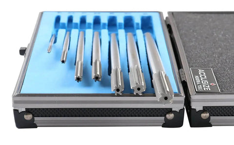 Pro Grade M2 HSS Chucking Reamer Set For Precise Reaming In Lathes And Drills One Eighth To One Half Inch By Sixteenths Right Hand Cut Seven Piece Set Accusize Industrial Tools 5528 SH00 displayed in case