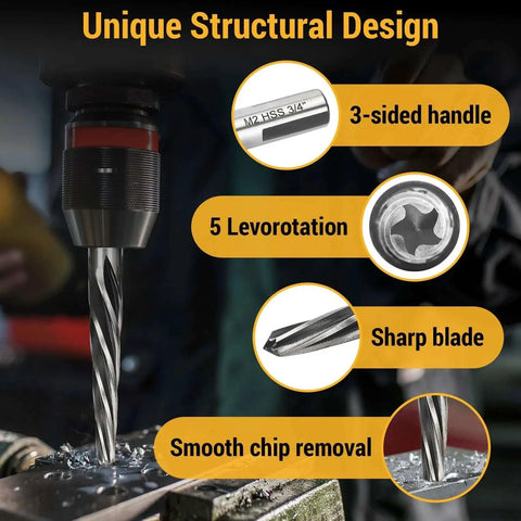 Pro Grade Five Piece M2 HSS Reamer Set For Construction Drilling That Aligns And Enlarges Holes To Three Eighths Inch One Half Inch Five Eighths Inch Three Fourths Inch And One Inch With A Tapered Tip Design And Shank Chuck Fit For Steel Metal And Wood showing unique structural design