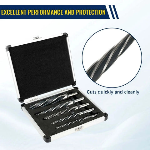 5 Piece M2 HSS Taper Chucking Reamer Set With Sizes One Inch Three Quarter Inch Five Eighth Inch Half Inch Three Eighth Inch And Shank Type Half Inch Three Flat Round For Bridge Construction Reaming Drill Bits For Steel Metal Wood Alloy Durable Heavy Duty in open case with close-up view