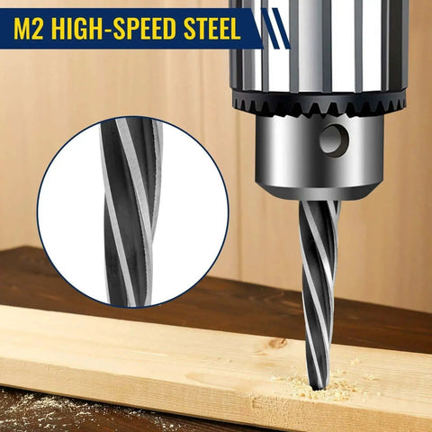 Close-up of a 5 Piece M2 HSS Taper Chucking Reamer Set With Sizes One Inch Three Quarter Inch Five Eighth Inch Half Inch Three Eighth Inch And Shank Type Half Inch Three Flat Round for drilling.