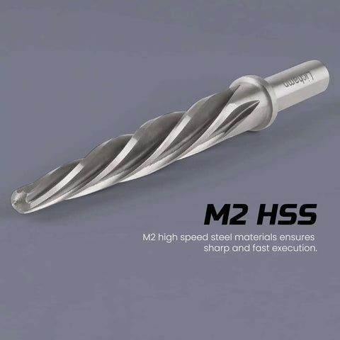 Heavy Duty 4 Piece Pro Grade Taper Reamer Set For Metal And Steel Holes close-up view, showcases spiral flutes and M2 HSS material