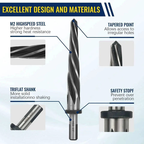 Diagram of Five Piece M2 HSS Taper Chucking Reamer Set With 1, 3/4, 5/8, 1/2, And 3/8 Inch Sizes Fits 1/2 Inch 3-Flat Round Shank features.