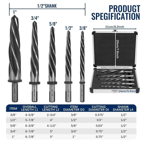 Five Piece M2 HSS Taper Chucking Reamer Set With 1, 3/4, 5/8, 1/2, And 3/8 Inch Sizes on display with specification chart