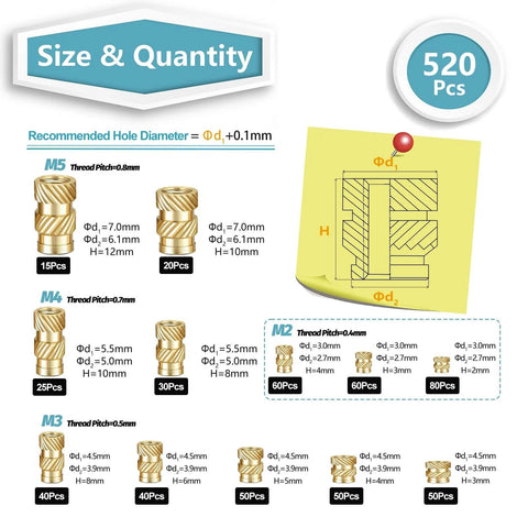 Diagram showing sizes and quantity of 520Pcs M2 M3 M4 M5 Threaded Inserts Assortment Kit for 3D Printing Components, Metric Brass Knurled Nuts.