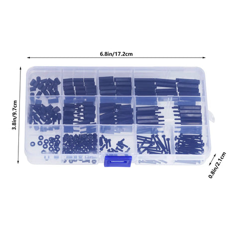 320 Piece M2 Nylon Hex Spacer Standoff Kit With Male And Female Screws Nuts And Mounting Hardware For PCBs And Motherboards In A Durable Plastic Storage Case, organized in a clear plastic box with compartments.