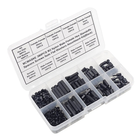 M2 Nylon Hex Standoffs Spacers Assortment Kit 380 Pieces Black Includes Male Female Threaded Standoffs Screws Nuts Flat Washers
