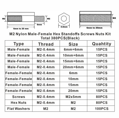 M2 Nylon Hex Standoffs Spacers Assortment Kit 380 pieces black includes male female threaded standoffs, screws, nuts, flat washers