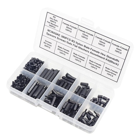 M2 Nylon Hex Standoffs Spacers Assortment Kit 380 Pieces Black Includes Male Female Threaded Standoffs Screws Nuts Flat Washers
