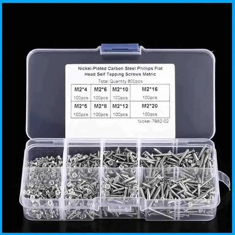 800 Pieces M2 Self Tapping Screws Set In Carbon Steel Nickel Plated Cross Countersunk Head Assorted Fasteners In Resealable Box