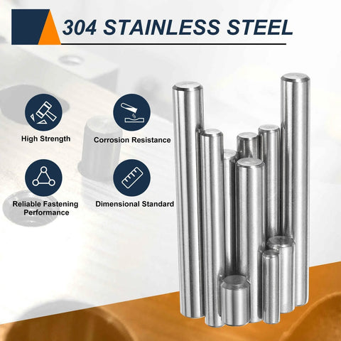 50Pcs M2 Dowel Pins 2mm by 30mm Stainless Steel 304, cylindrical pegs shown with high strength and corrosion resistance benefits.