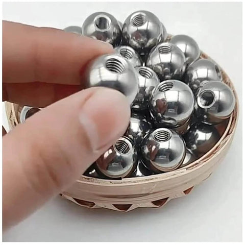 Hand holding 304 Stainless Steel Threaded Steel Ball, Half-Hole Threaded Steel Ball, M2 Drilled Threaded Steel Ball, 20mm diameter.