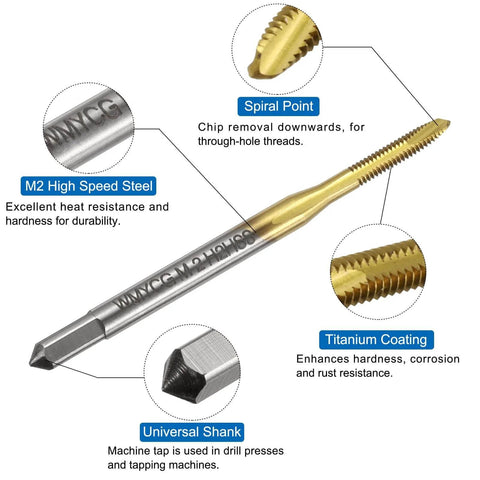 Metric Tap & Drill Bit Set, 2pcs M2 x 0.4 Spiral Point Thread Taps Titanium Coated shown with features labeled
