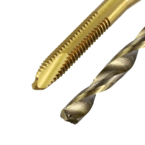 Metric Tap & Drill Bit Set, 2pcs M2 x 0.4 Spiral Point Thread Taps Titanium Coated and 2pcs 1.6mm Twist Drill Bits Roasted Yellow close-up