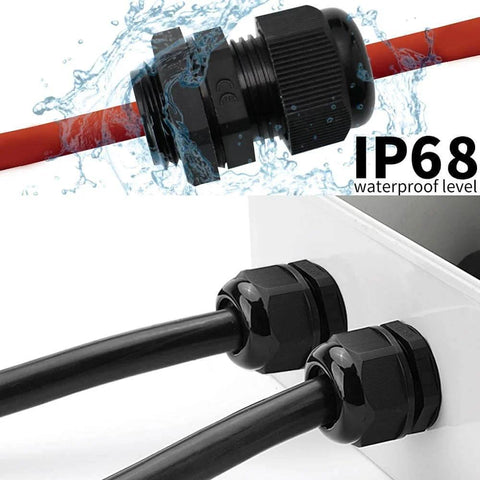 20 Pack Black Plastic Waterproof Cable Glands M20 x 1.5 IP67 Rated For 6-11mm Cables installed on electrical boxes