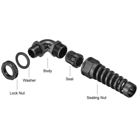 M20 Cable Gland 90 Degree Waterproof IP68 Nylon Junction With Strain Relief And Adjustable Locknut components labeled