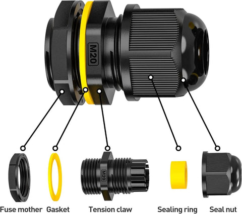 Exploded view of M20 Cable Gland Kit IP68 Waterproof Connector with Locknut, showing parts like gasket, tension claw, seal nut.