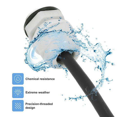 Close-up of a 10 Pcs M20x1.5 Cable Glands Adjustable 7-12mm PA6 Nylon IP68 Waterproof Seals with water splash, highlighting features.