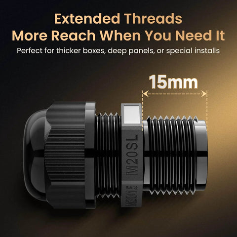 Long Thread M20 Cable Gland Waterproof IP68 Nylon Cord Grip Strain Relief Pass Through Connector For Thick Panels And Enclosures