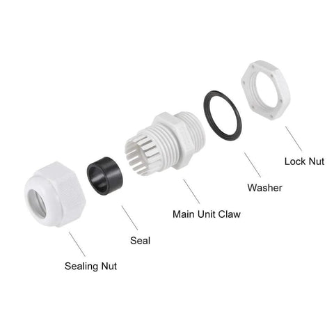 Exploded view of M20 Cable Gland 6mm To 12mm Waterproof Nylon Joint With Adjustable Locknut And Washer White Pack Of 20.