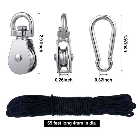 Pulley Block System Set, M20 Pulley Wheel Stainless Steel with 66ft Nylon Rope and Hooks, Swivel Lifting Wire Rope Cable Roller