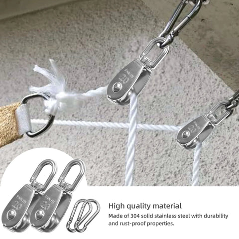 10 Pcs M20 Single Pulley Block 304 Stainless Steel M20 Pulleys for Rope with Snap Hooks installed on rope for hanging