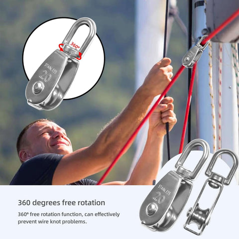10 Pcs M20 Single Pulley Block 304 Stainless Steel M20 Pulleys for Rope, installed on sailboat mast