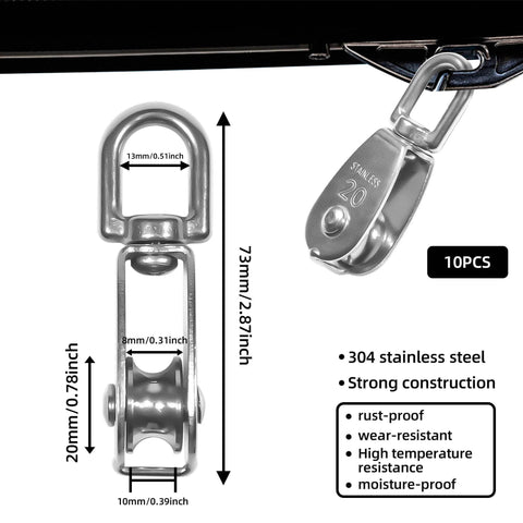 Close-up of 10 Pcs M20 Single Pulley Block 304 Stainless Steel M20 Pulleys for Rope with Snap Hook, showing measurements.