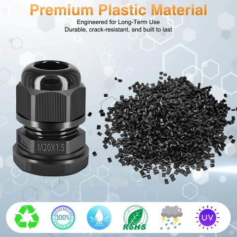 Waterproof M20x1.5 Cable Glands Set, 20 Pcs Black Compression Cable Connectors For Outdoor Lighting And Garden, IP66 Weatherproof Dustproof Seals