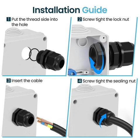 Installation guide for 10 Pack M20x1.5 Strain Relief Nylon Cord Grip for 6 to 12mm Cables IP68 Waterproof Adjustable Cable Glands