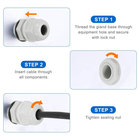 Installation steps for 10 Pcs M20x1.5 Cable Glands Adjustable 7-12mm PA6 Nylon IP68 Waterproof Seals Anti-Corrosion.