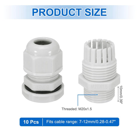 10 Pcs M20x1.5 Cable Glands Adjustable 7-12mm PA6 Nylon IP68 Waterproof Seals Anti-Corrosion next to size and threading details.