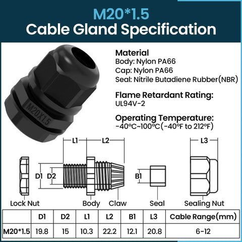 10 Pack M20x1.5 Strain Relief Nylon Cord Grip For 6 To 12mm Cables IP68 Waterproof Adjustable Cable Glands With Gaskets