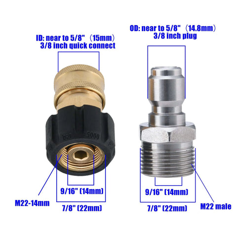 Pressure Washer Quick Connect Adapter Set M22 To Three Eighths Inch For Hose, M22 14mm To M22 Metric Fitting shown front view