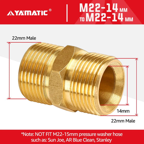 YAMATIC brass pressure washer hose connector, solid brass M22-14mm double male coupler, side view, 5000 PSI