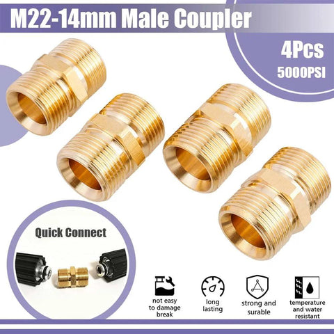Set of 4 brass M22-14mm male couplers for pressure washer hose, heavy-duty quick-connect adapters.