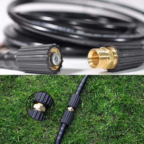 Yakamoz 4-pack pressure washer hose adapters with brass M22-14mm male couplers; close-up and hose-connection view.